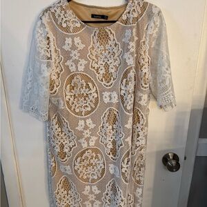 Boohoo Cream and White Lace Long Sleeve Dress